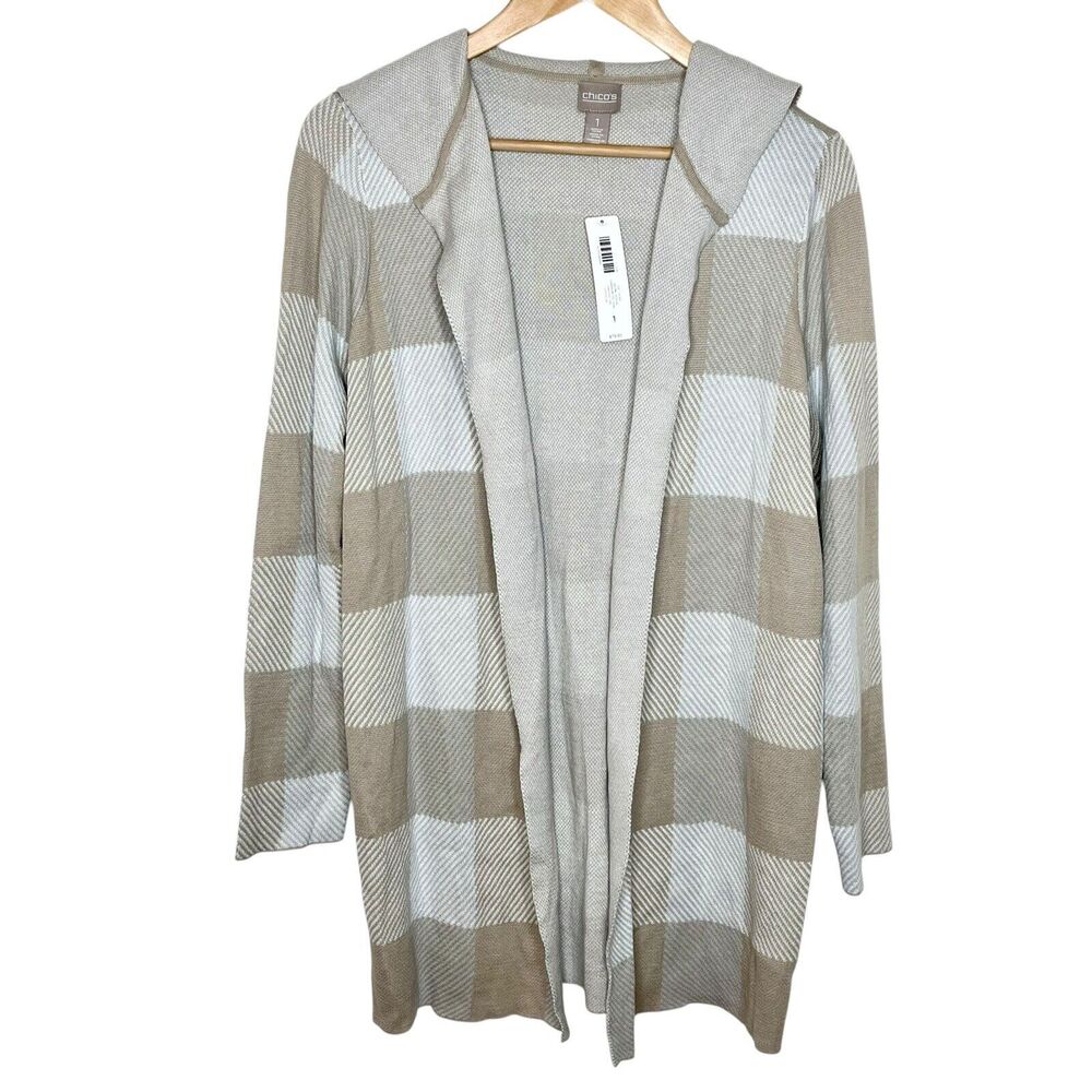 Chicos Sidone Hoodie Open Cardigan Sweater Tan Large Check Womens M 1